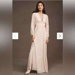 BHLDN Beige and Silver Embroidered Long Sleeve Dress